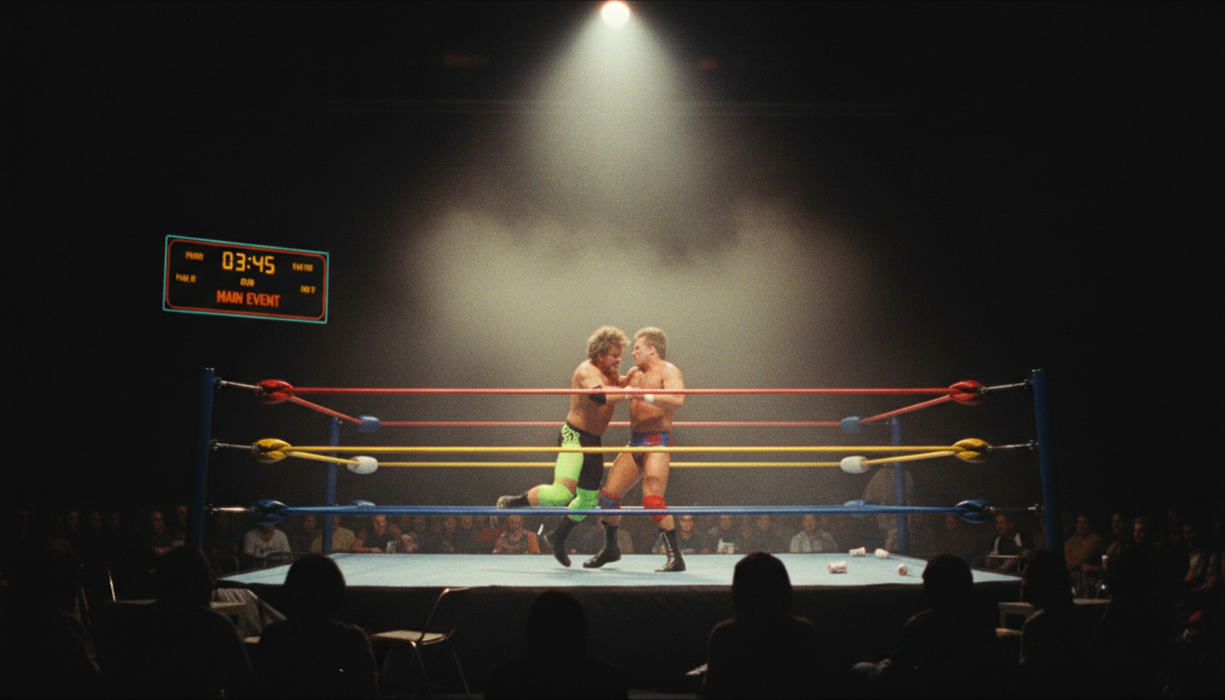 Wrestlers in a vintage ring setting with dramatic lighting